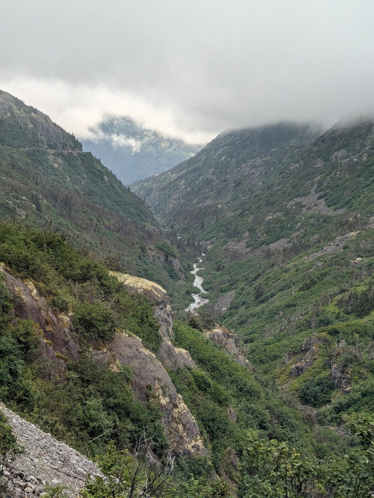 The steep river valley on the White Pass climb out of Skagway
