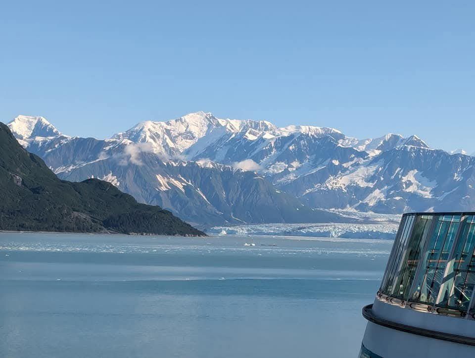 Hubbard Glacier and the mountains behind it, seen from the ship